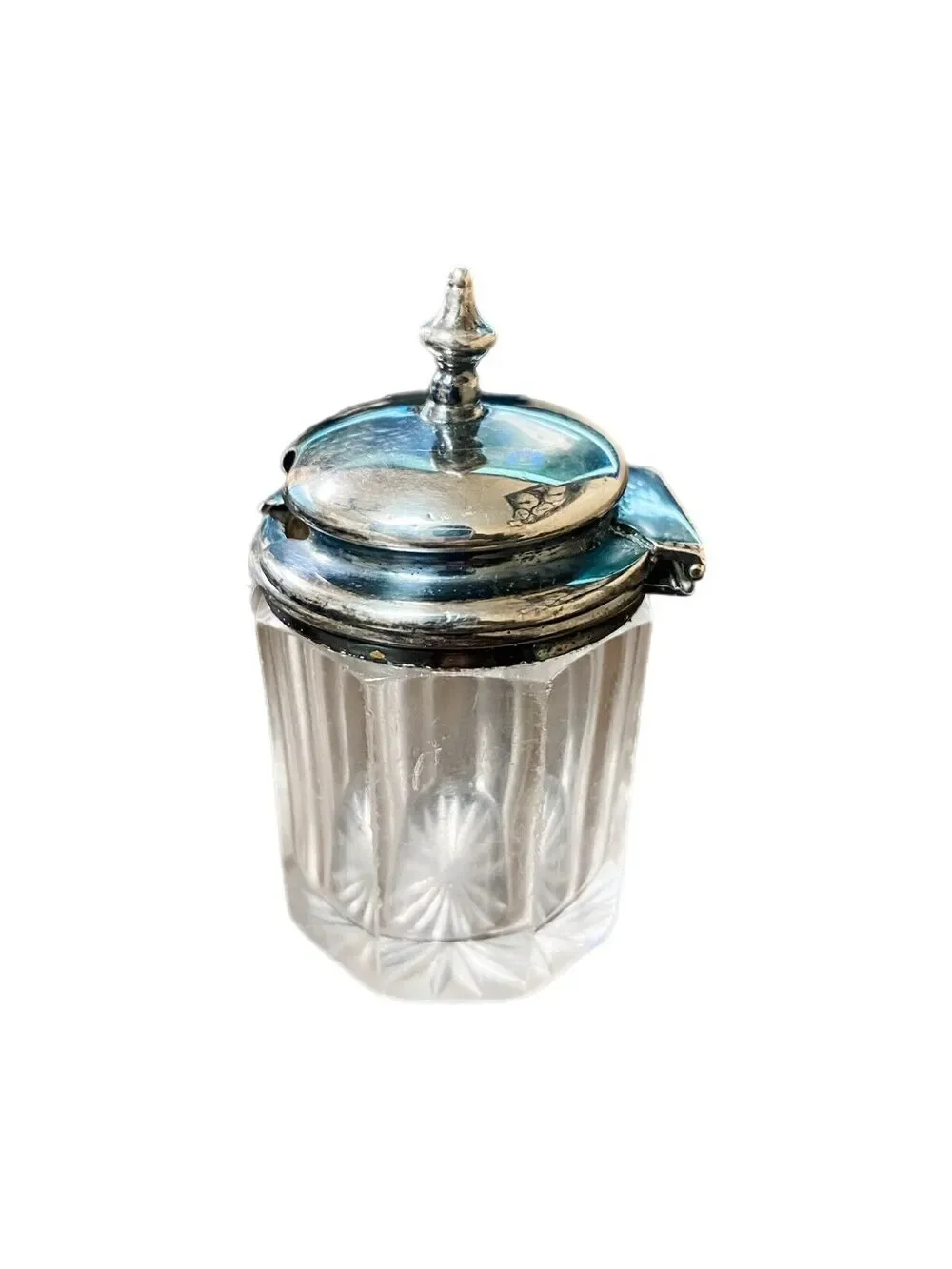 Antique English Silver Plated Crystal Mustard Pot